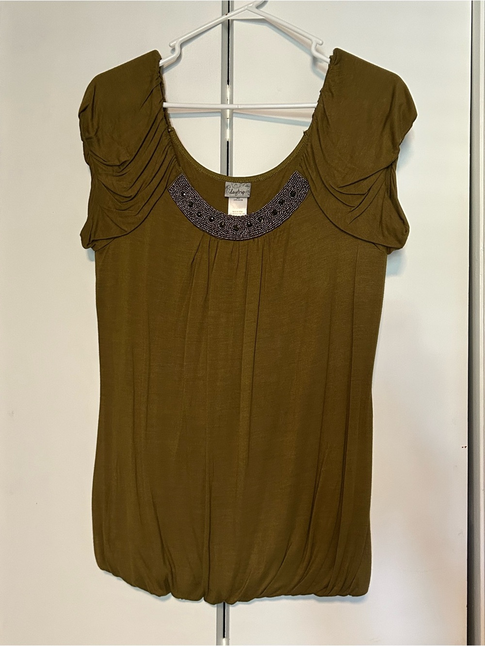 DayTrip Olive Green Beaded Scoop Neck Women's Top